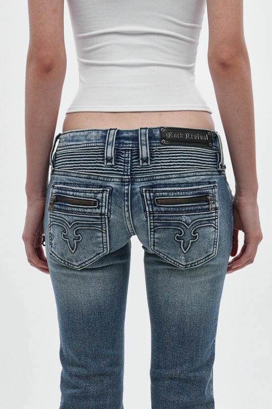 Kamil Super Low-Rise Bootcut in Blue - Rock Revival®