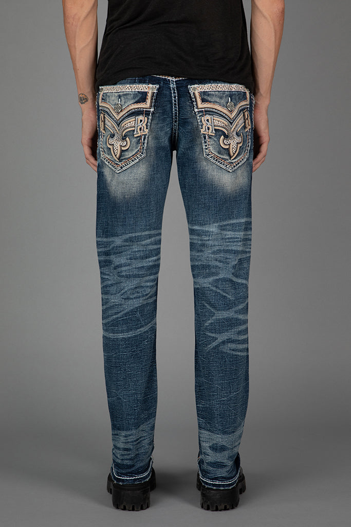 Rock Revival white straight leg jeans with high quality black decorations