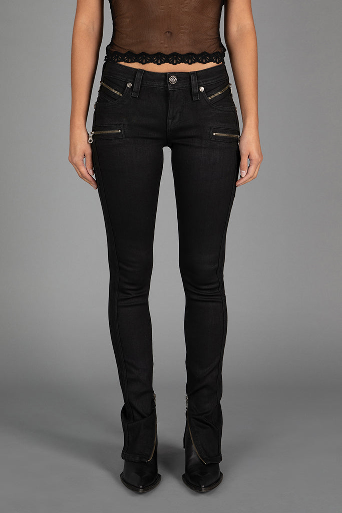 Camille Low-Rise Moto Skinny Jeans Black Wash Rock Revival