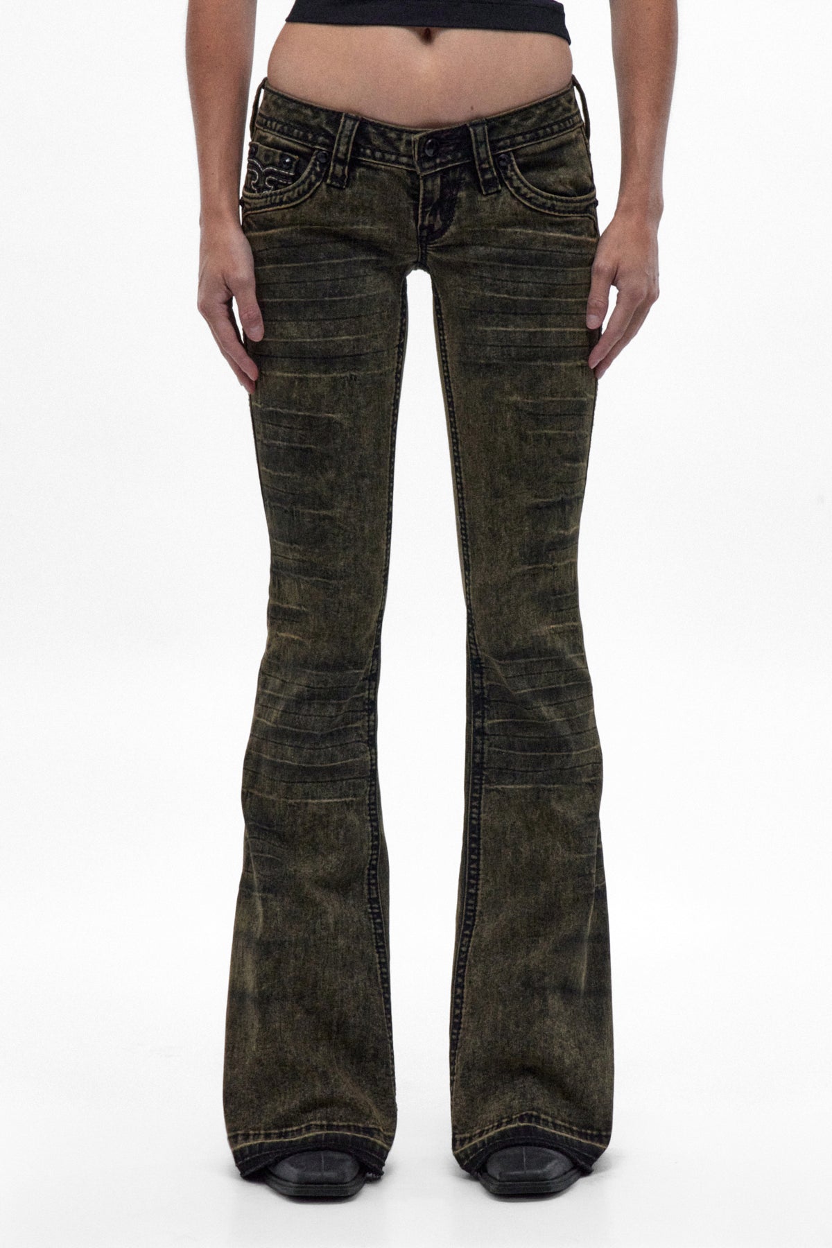 Alivia Super Low-Rise Flare Jeans in Black Olive