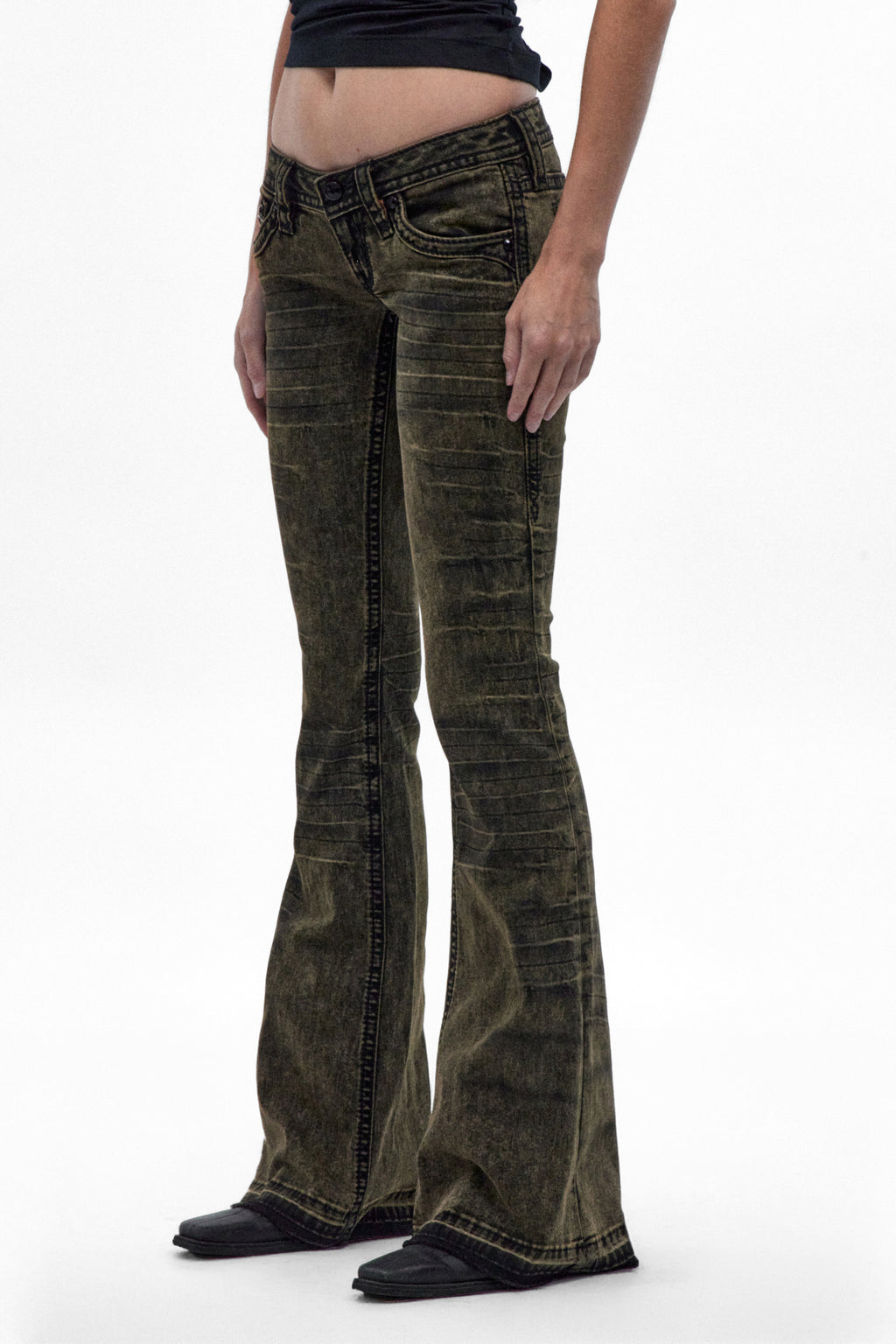 Alivia Super Low-Rise Flare Jeans in Black Olive