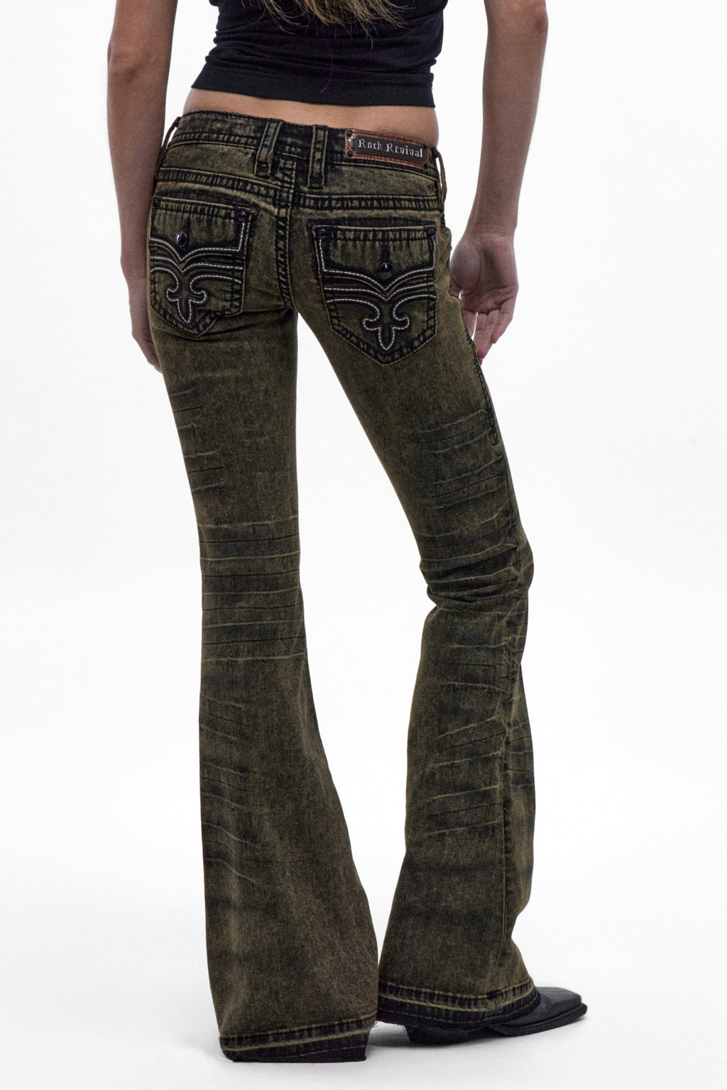 Alivia Super Low-Rise Flare Jeans in Black Olive