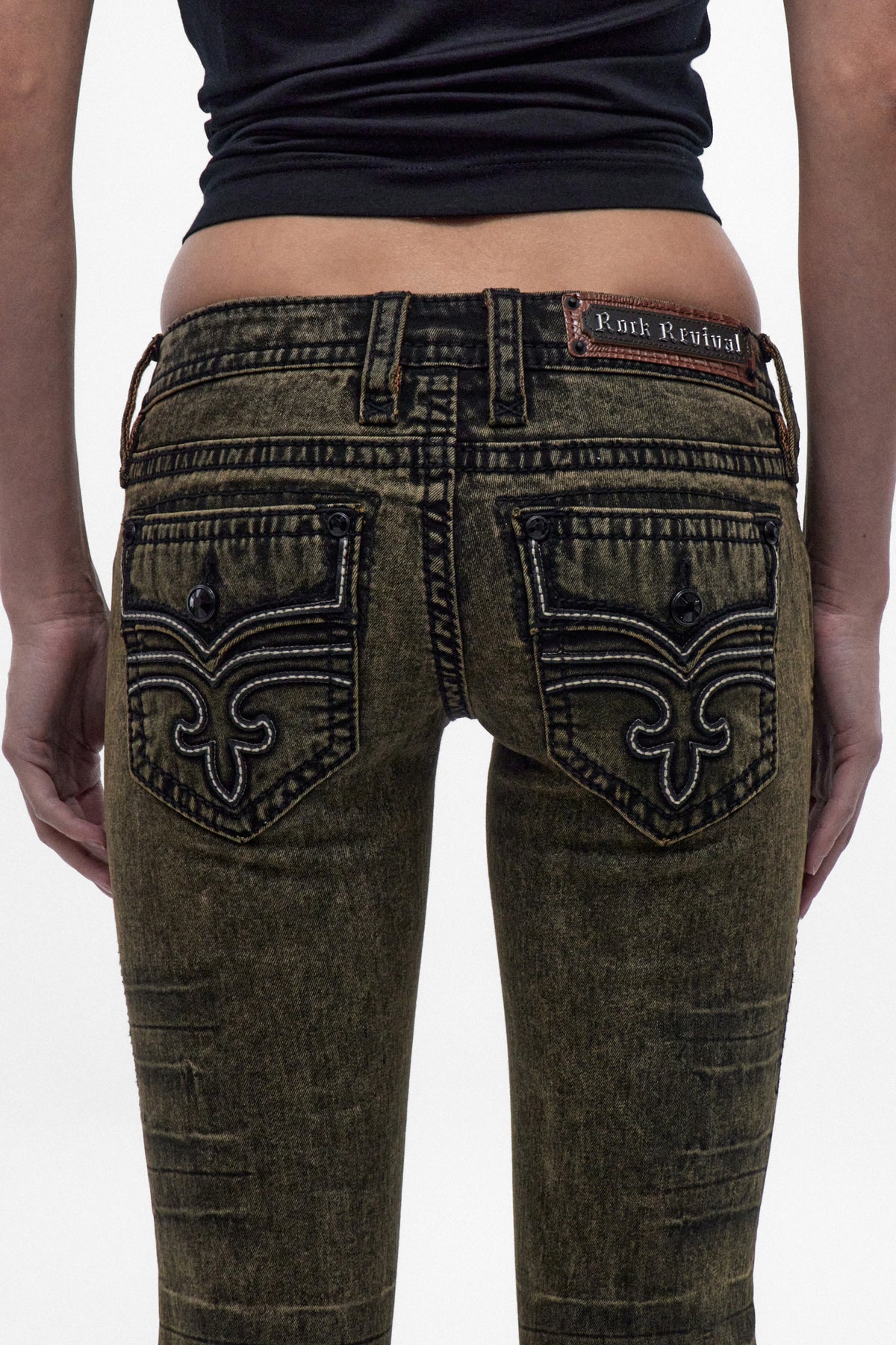 Alivia Super Low-Rise Flare Jeans in Black Olive