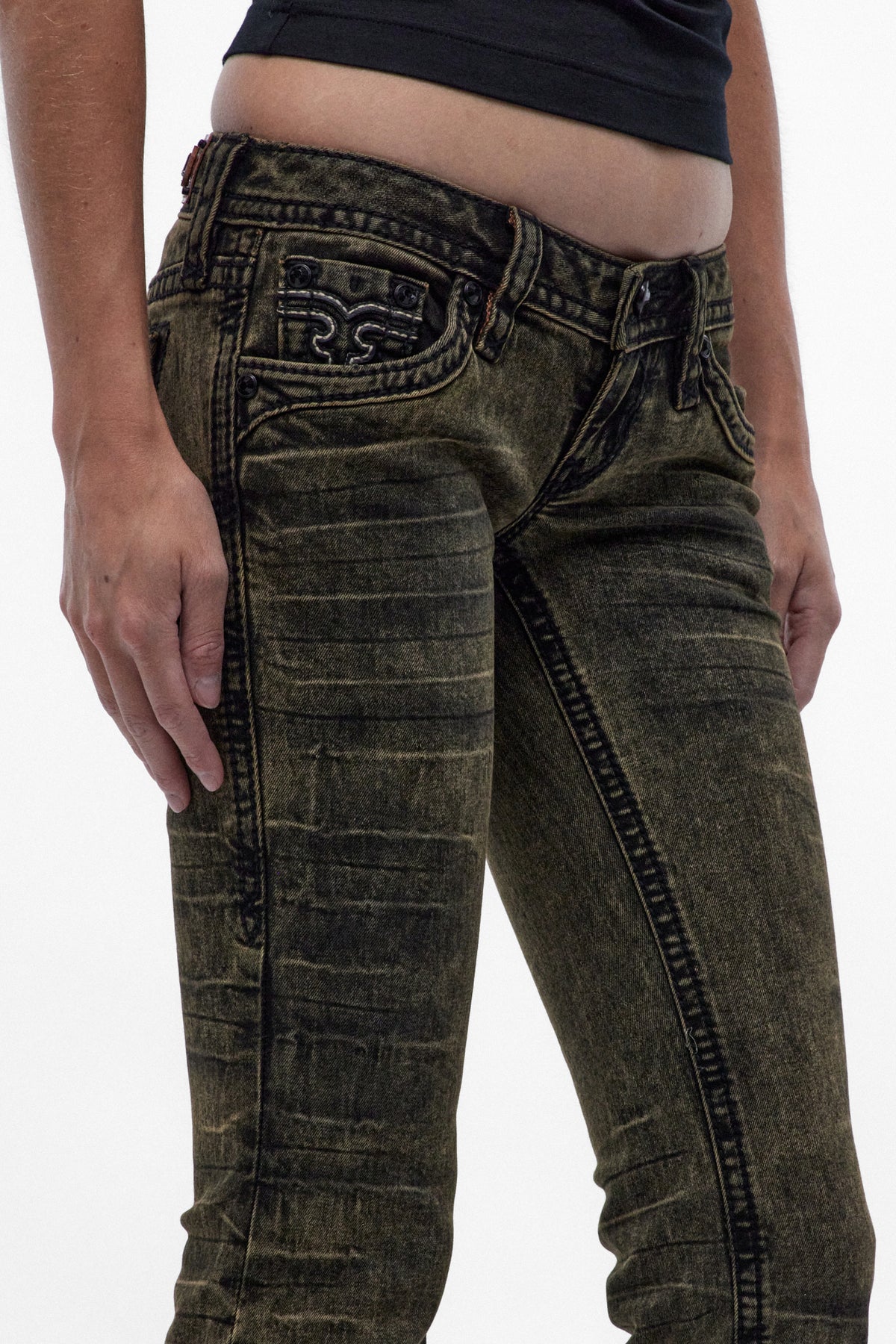 Alivia Super Low-Rise Flare Jeans in Black Olive