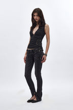 Camille Super Low-Rise Moto Skinny Jean in Charcoal Black - Rock Revival®