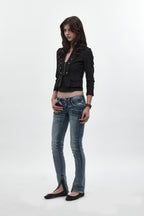 Camille Super Low-Rise Moto Skinny Jean in Medium Blue - Rock Revival®