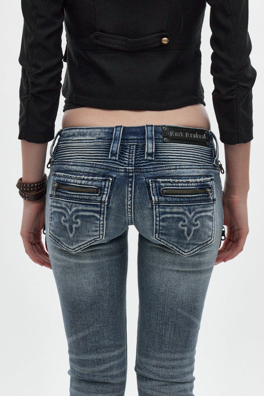 Camille Super Low-Rise Moto Skinny Jean in Medium Blue - Rock Revival®