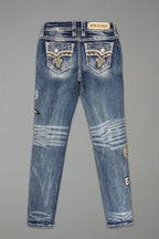 Colleen Skinny Jeans in Medium Blue with Patchwork