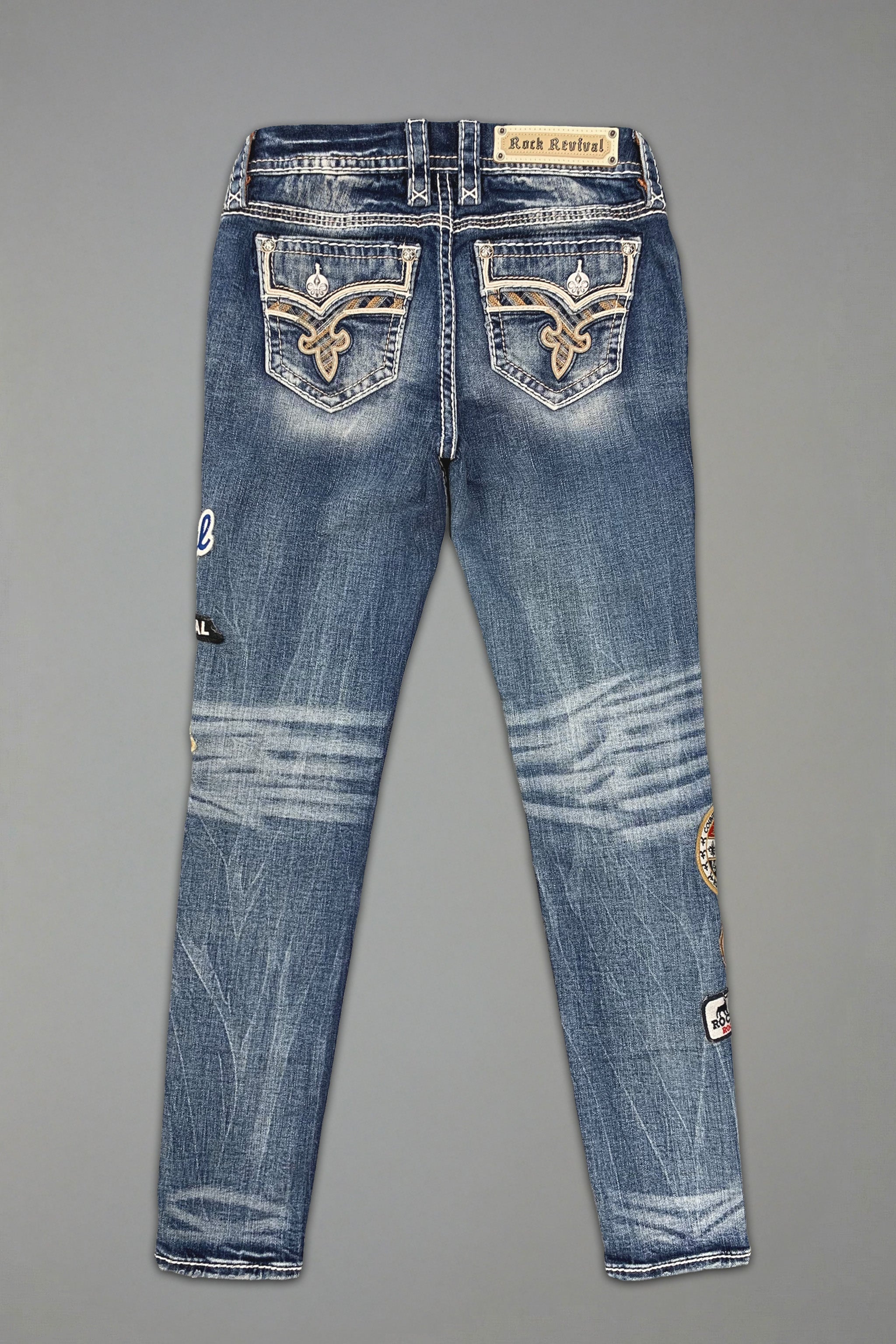 Colleen Skinny Jeans in Medium Blue with Patchwork