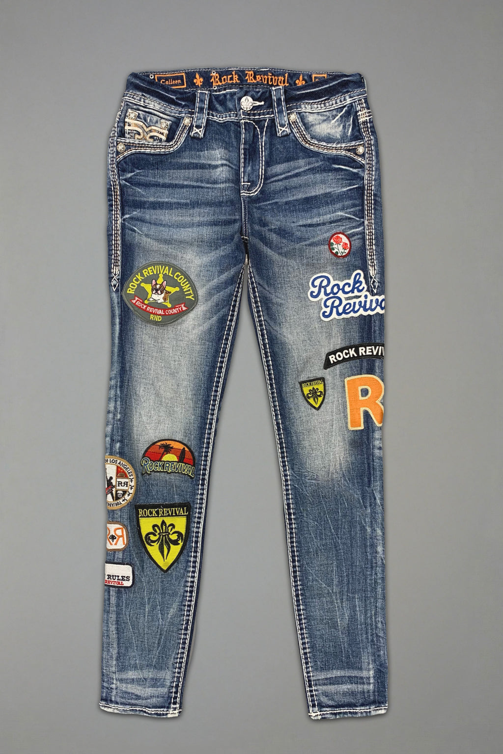 Colleen Skinny Jeans in Medium Blue with Patchwork