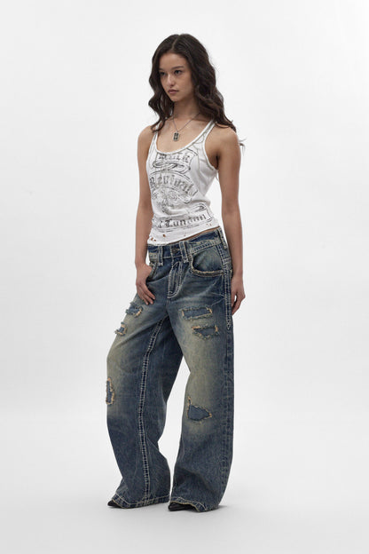 Colossus Jeans, By Jaded London in Medium Blue (W) - Rock Revival®