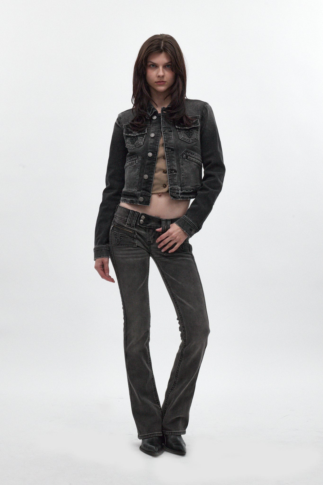 Elaina Low-Rise Bootcut in Charcoal Black - Rock Revival®