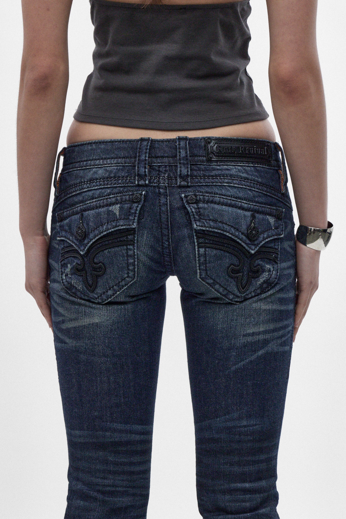 Gwen Super Low-Rise Bootcut Jeans in Dark Blue II – Rock Revival®