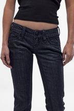 Gwen Super Low-Rise Bootcut Jeans in Deep Indigo/Clear Coating
