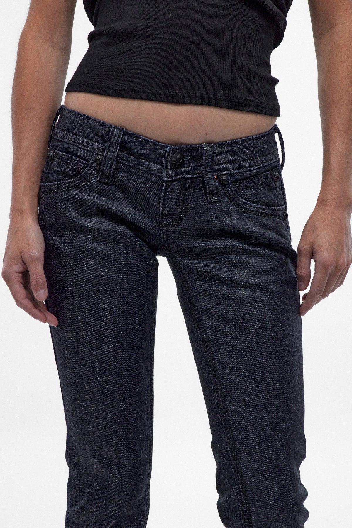Gwen Super Low-Rise Bootcut Jeans in Deep Indigo/Clear Coating
