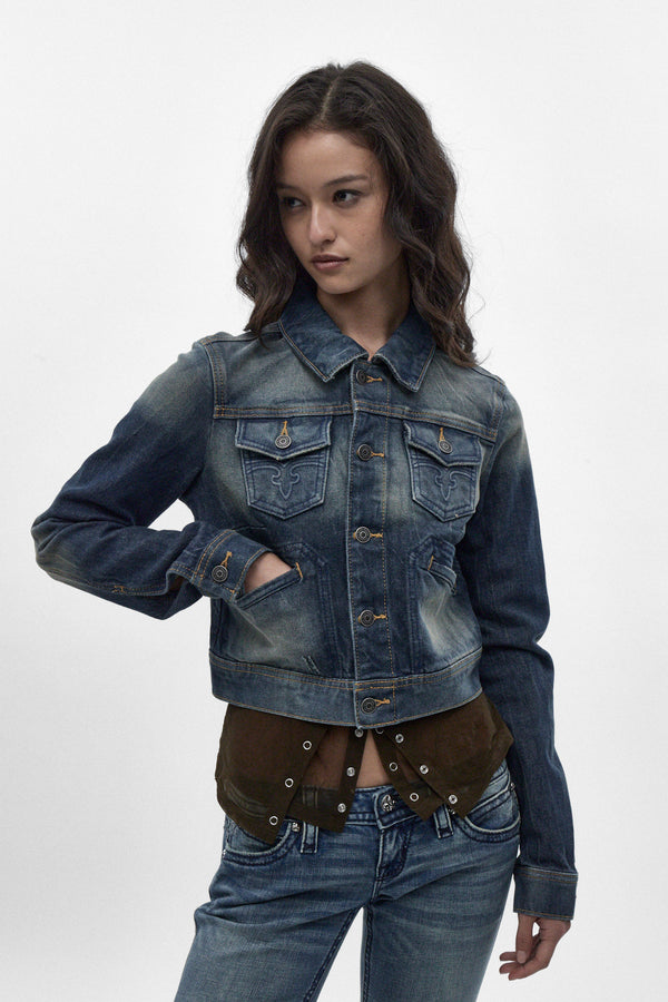 Gwen Cropped Fitted Denim Jacket in Desert Sand