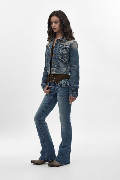 Gwen Cropped Fitted Denim Jacket in Faded Marble - Rock Revival®