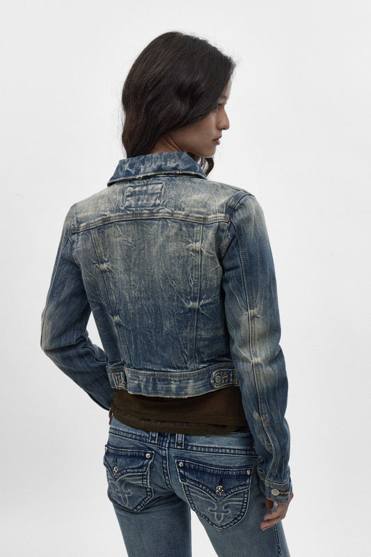 Gwen Cropped Fitted Denim Jacket in Faded Marble
