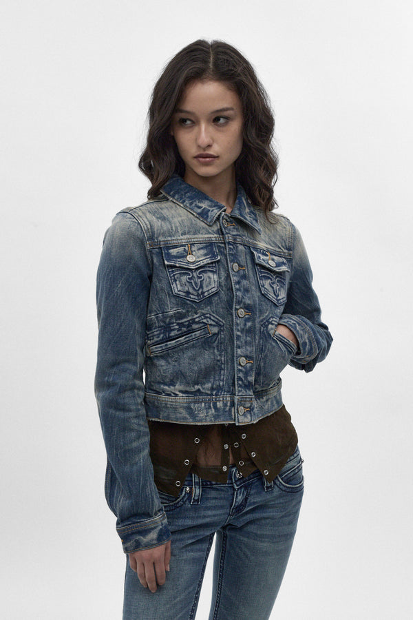 Gwen Cropped Fitted Denim Jacket in Faded Marble