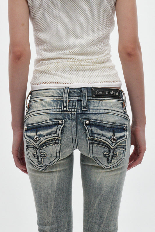 Gwen Super Low-Rise Bootcut in Stonewash Blue - Rock Revival®