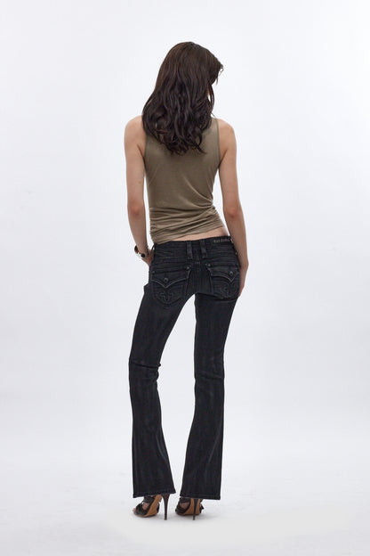 Gwen Super Low-Rise Bootcut in Black Fade Coated - Rock Revival®