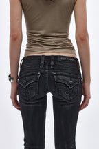Gwen Super Low-Rise Bootcut in Black Fade Coated - Rock Revival®