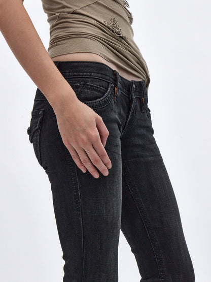 Gwen Super Low-Rise Bootcut in Black Fade Coated - Rock Revival®