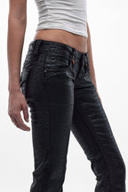 Gwen Super Low-Rise Bootcut Jeans in Black Croc Print