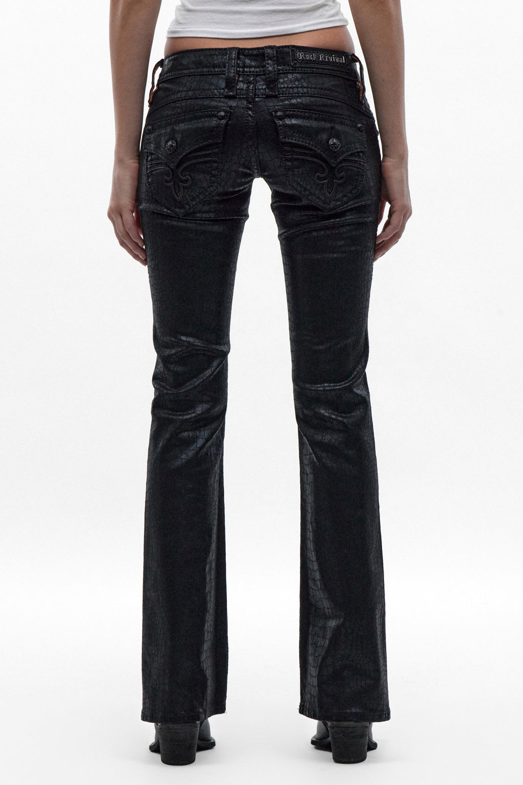 Gwen Super Low-Rise Bootcut Jeans in Black Croc Print