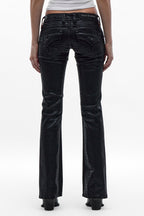 Gwen Super Low-Rise Bootcut Jeans in Black Croc Print