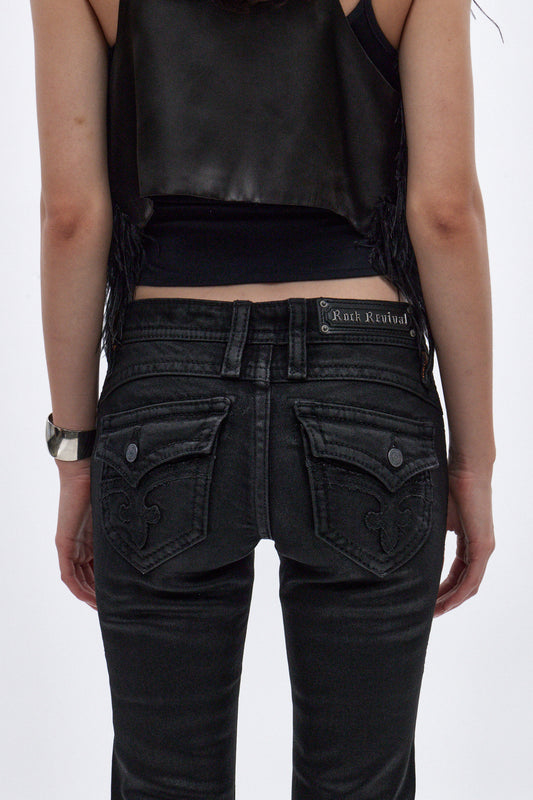 Gwen Low-Rise Flare Jeans in Black Coated - Rock Revival®