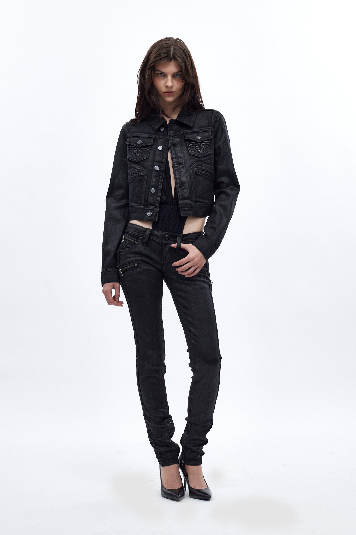 Gwen Cropped Fitted Denim Jacket | Black Coating | Rock Revival