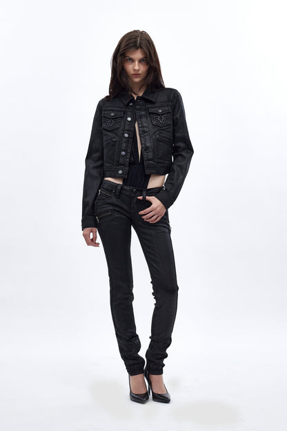 Gwen Cropped Fitted Denim Jacket in Black Coated - Rock Revival®