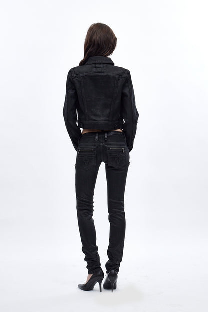 Gwen Cropped Fitted Denim Jacket in Black Coated - Rock Revival®