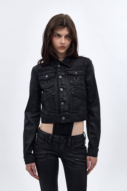 Gwen Cropped Fitted Denim Jacket in Black Coated - Rock Revival®