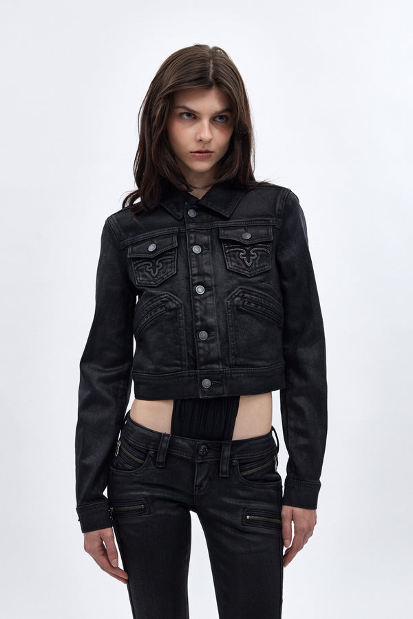 Gwen Cropped Fitted Denim Jacket in Black Coating