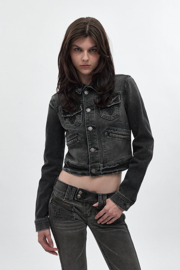 Gwen Cropped Fitted Denim Jacket in Black Washed