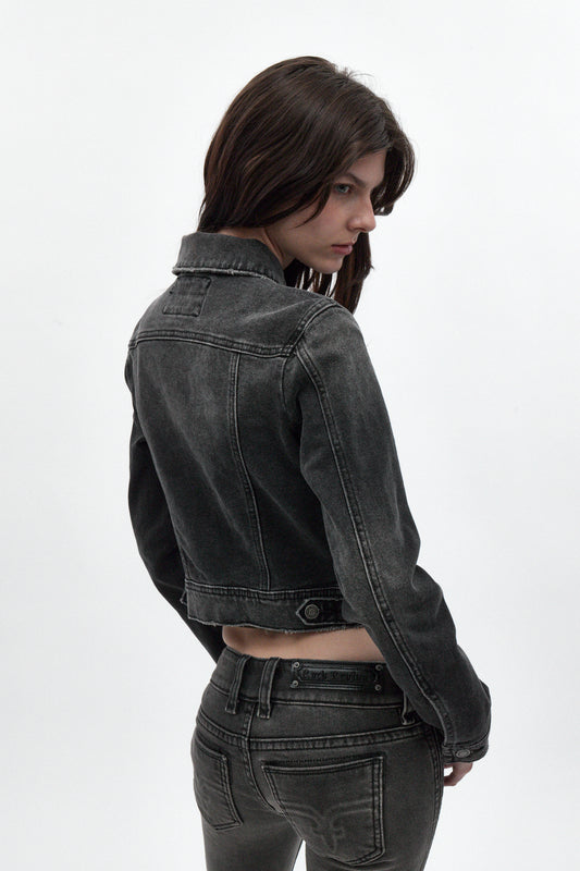 Gwen Cropped Fitted Denim Jacket in Black Washed - Rock Revival®
