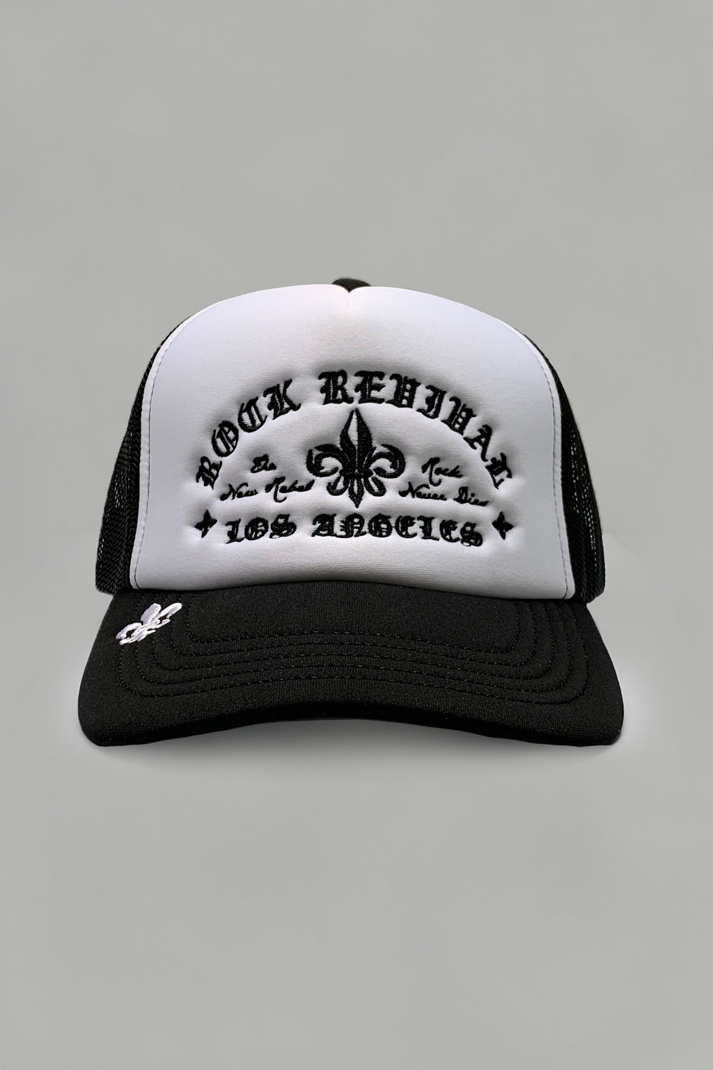 Rock Revival® Logo Snapback Trucker Hat in White / Black