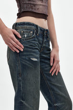 Isa Low-Rise Baggy Jeans in Dark Vintage Blue - Rock Revival®