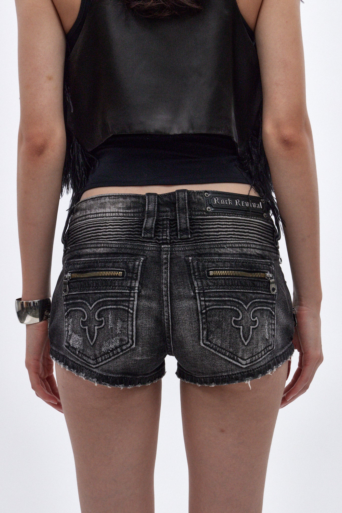 Janis Super-Low Mini Denim Shorts in Faded Black - Rock Revival®