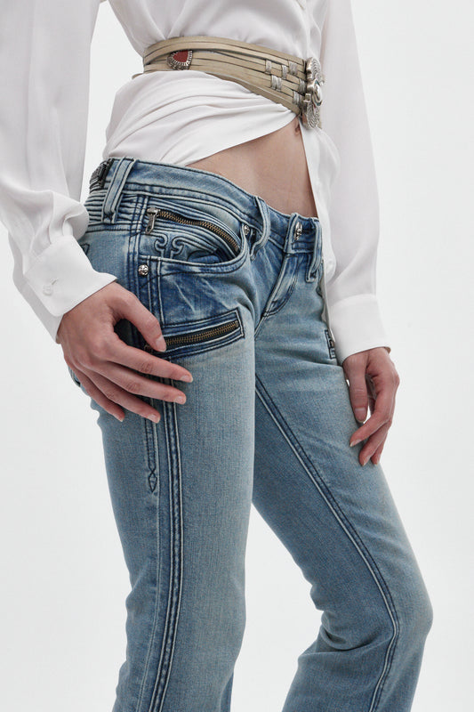 Joplin Super Low-Rise Flare Jeans in Medium Blue - Rock Revival®