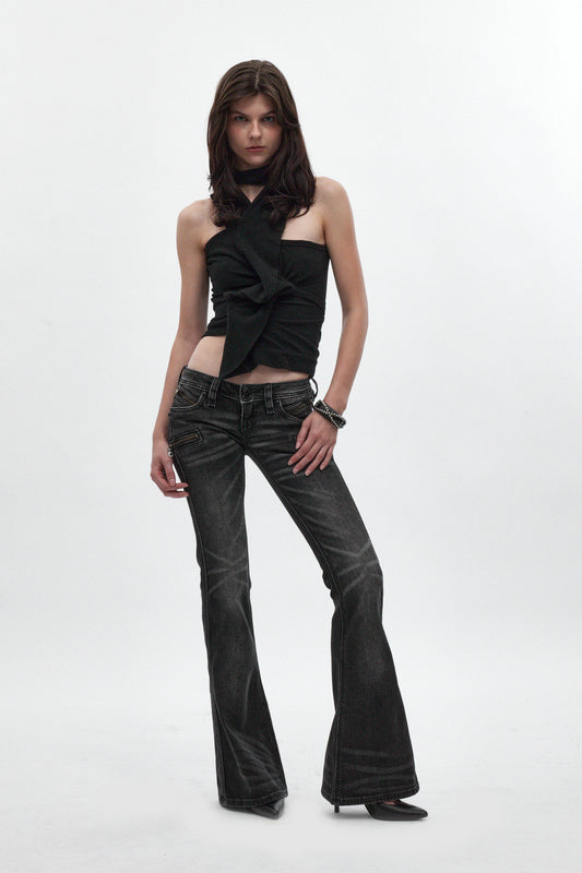 Joplin Super Low-Rise Flare Jeans in Faded Black - Rock Revival®