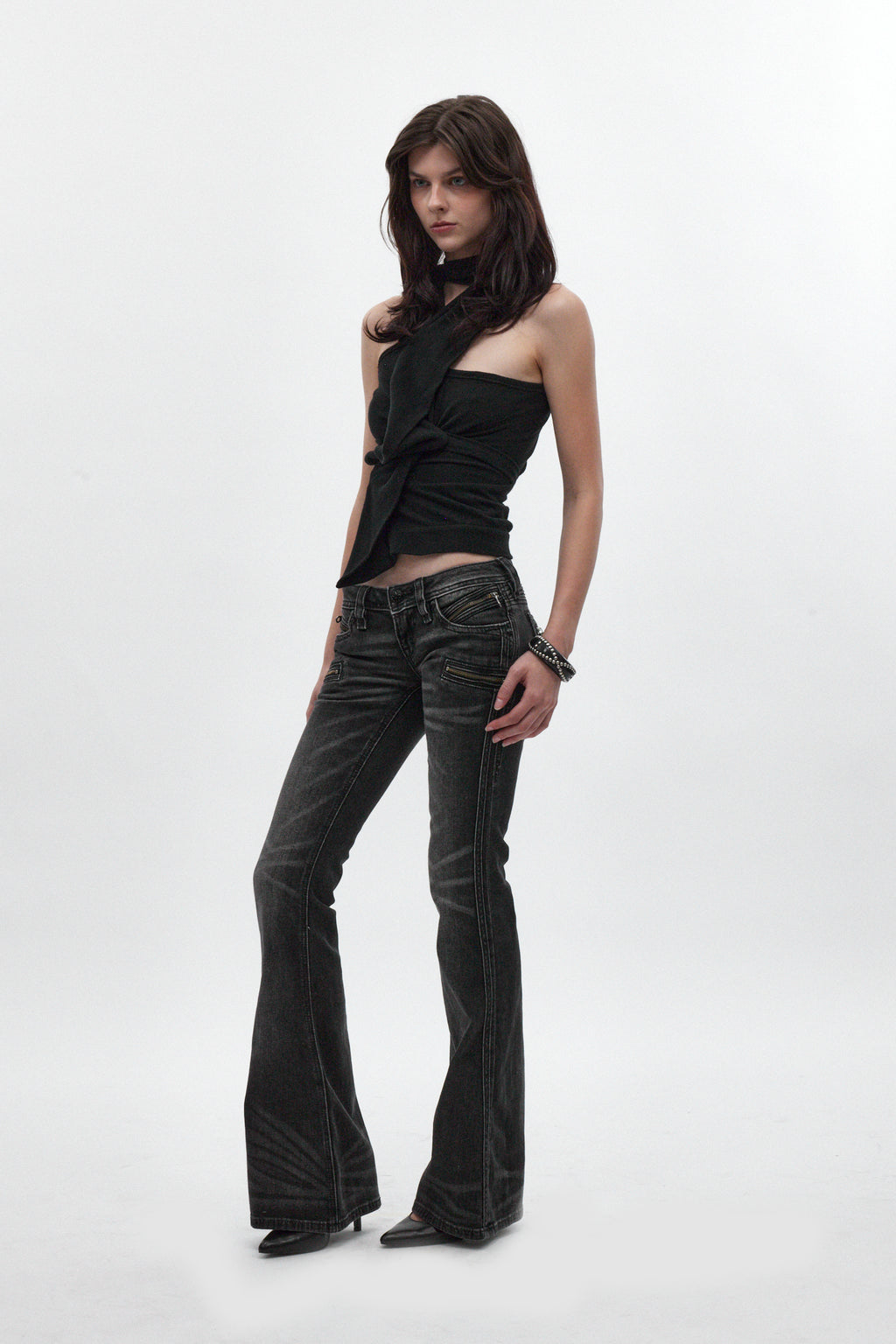 Joplin Super Low-Rise Flare Jeans in Faded Black - Rock Revival®