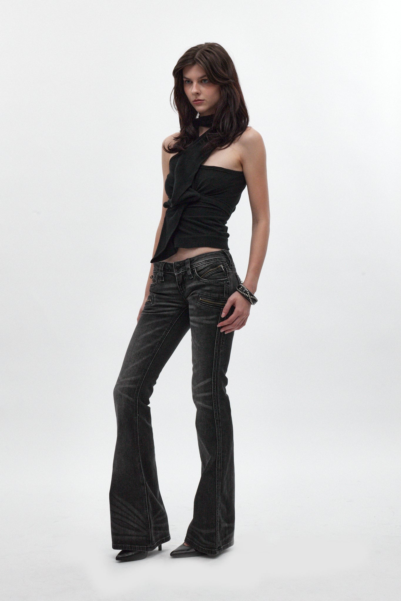 Joplin Super Low-Rise Flare Jeans in Faded Black - Rock Revival®