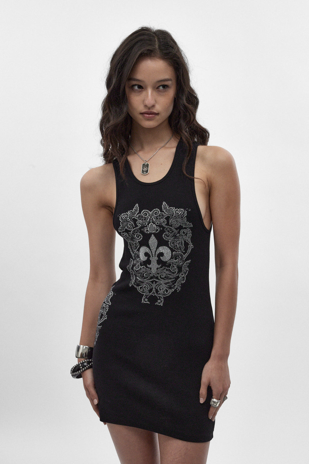 (JWD6079) Rock Revival by Jaded London Rhinestone Fleur de Lis Mini Dress (JLxRCRV) - Rock Revival®