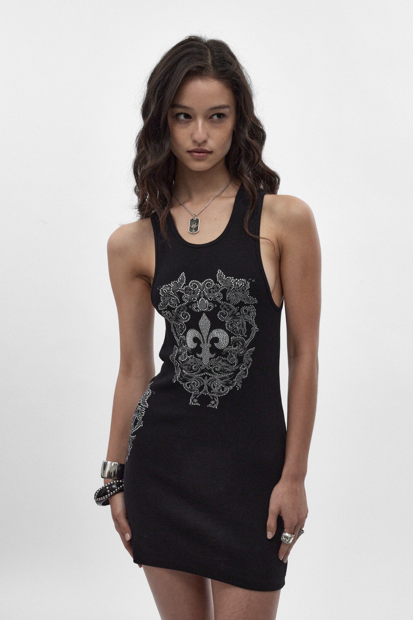 (JWD6079) Rock Revival by Jaded London Rhinestone Fleur de Lis Mini Dress (JLxRCRV) - Rock Revival®