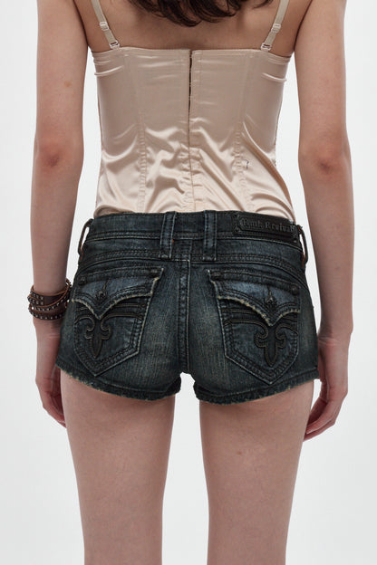 Kate Super-Low Mini Denim Shorts in Dark Blue - Rock Revival®