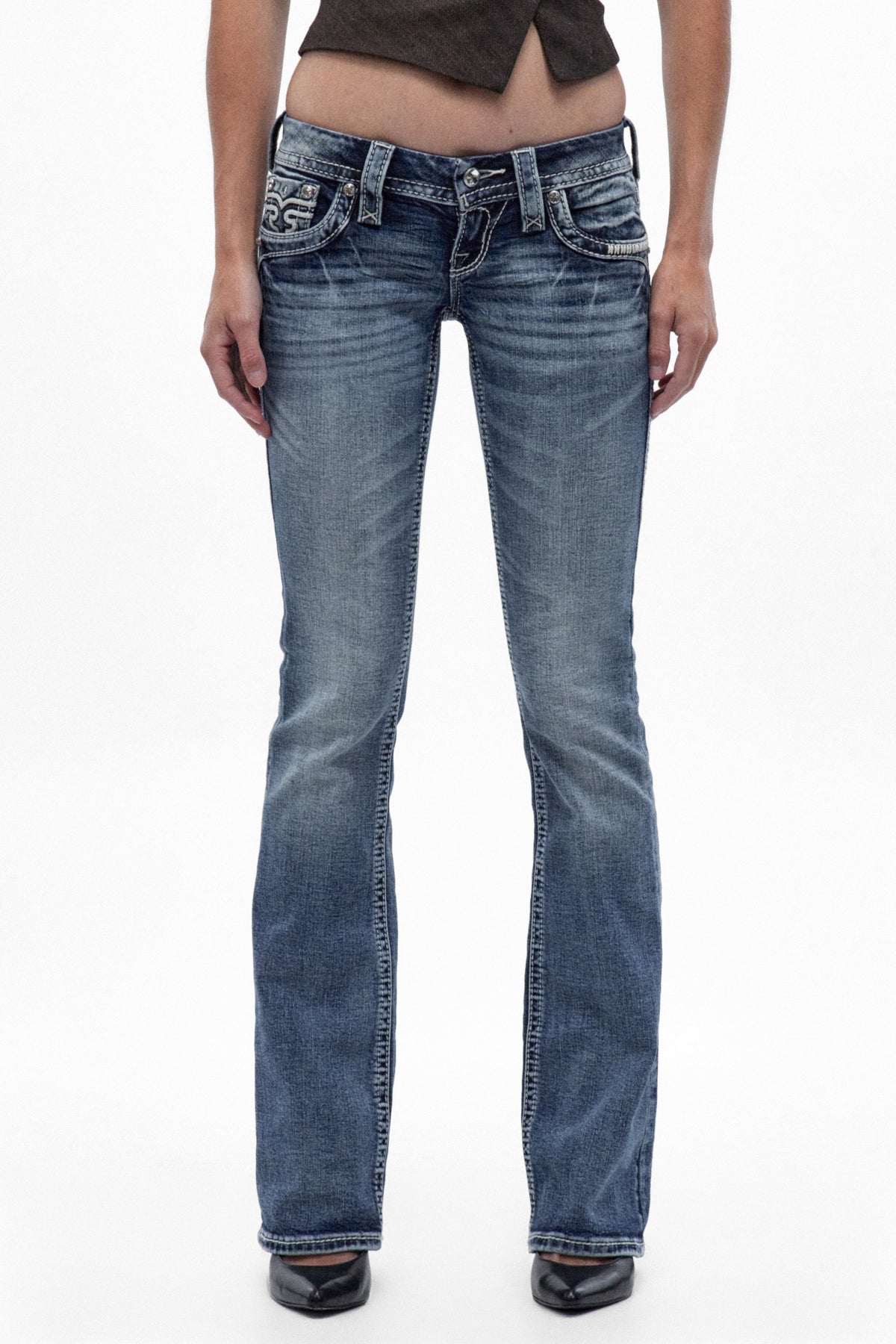 Lesia Super Low-Rise Bootcut Jeans in Medium Blue
