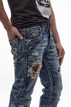 Mattie Straight Patchwork Jeans in Medium Blue